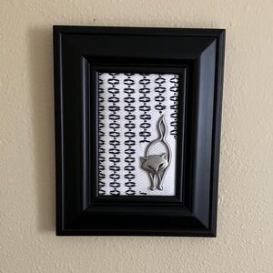 Hand Crafted Black Frame with Silver Cat Fiber Art